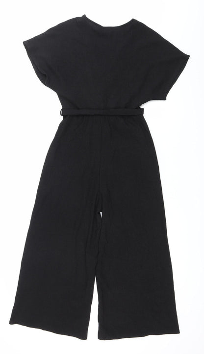 New Look Women Black Jumpsuit Size 6 Wide-Leg V-Neck Belted