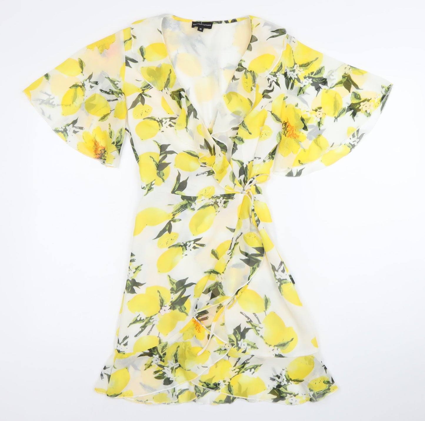 PrettyLittleThing Women’s Lemon Print Wrap Dress Size 10 Short Sleeve