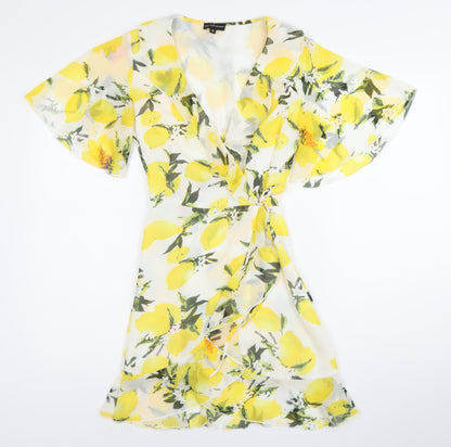 PrettyLittleThing Women’s Lemon Print Wrap Dress Size 10 Short Sleeve