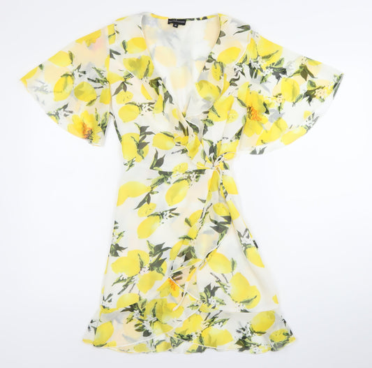 PrettyLittleThing Women’s Lemon Print Wrap Dress Size 10 Short Sleeve
