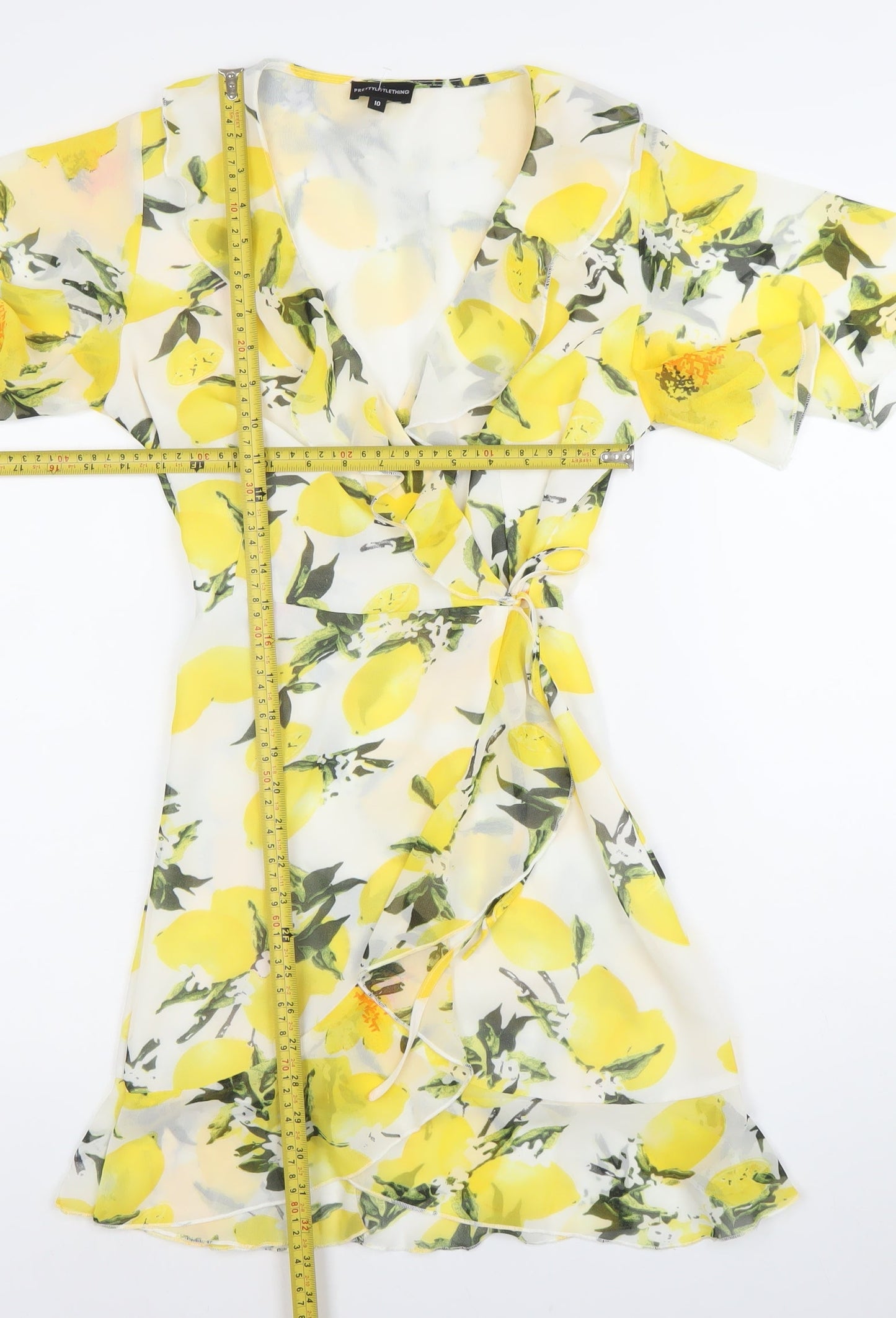 PrettyLittleThing Women’s Lemon Print Wrap Dress Size 10 Short Sleeve