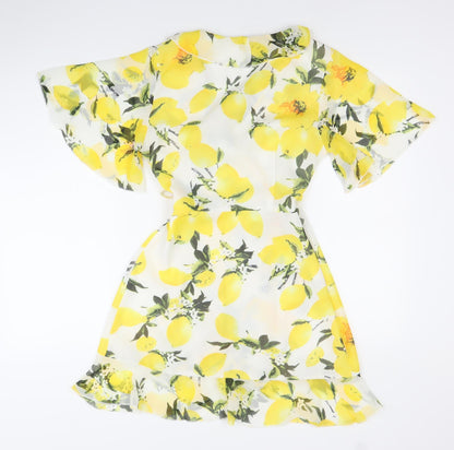 PrettyLittleThing Women’s Lemon Print Wrap Dress Size 10 Short Sleeve