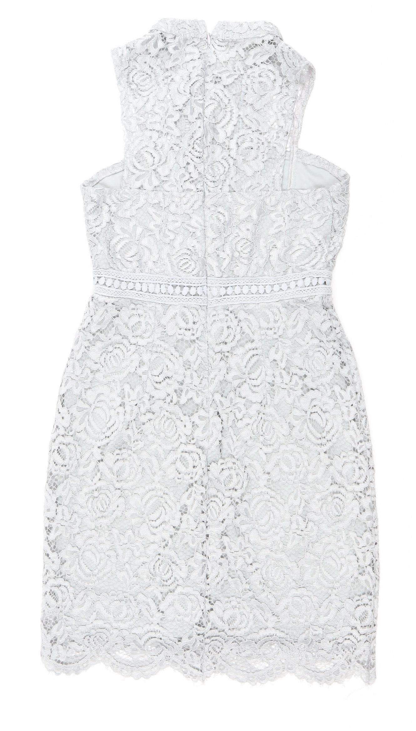 Boohoo Women Grey Lace Skater Dress Size 6 High Neck Sleeveless Party