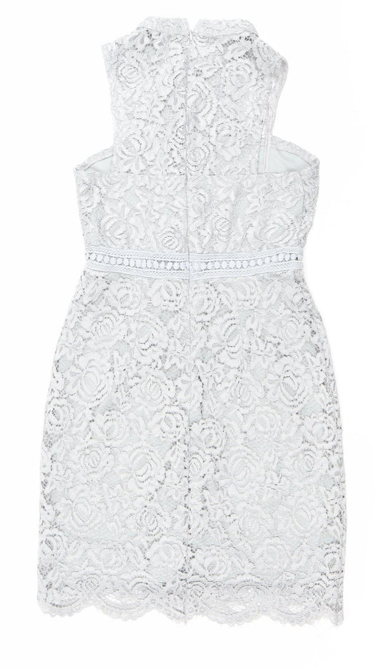 Boohoo Women Grey Lace Skater Dress Size 6 High Neck Sleeveless Party