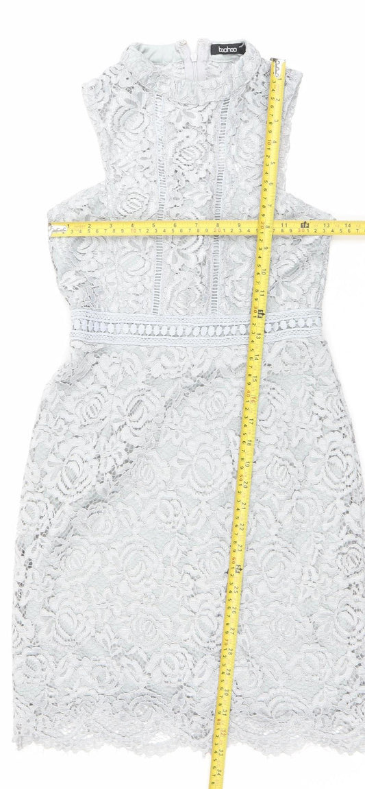 Boohoo Women Grey Lace Skater Dress Size 6 High Neck Sleeveless Party
