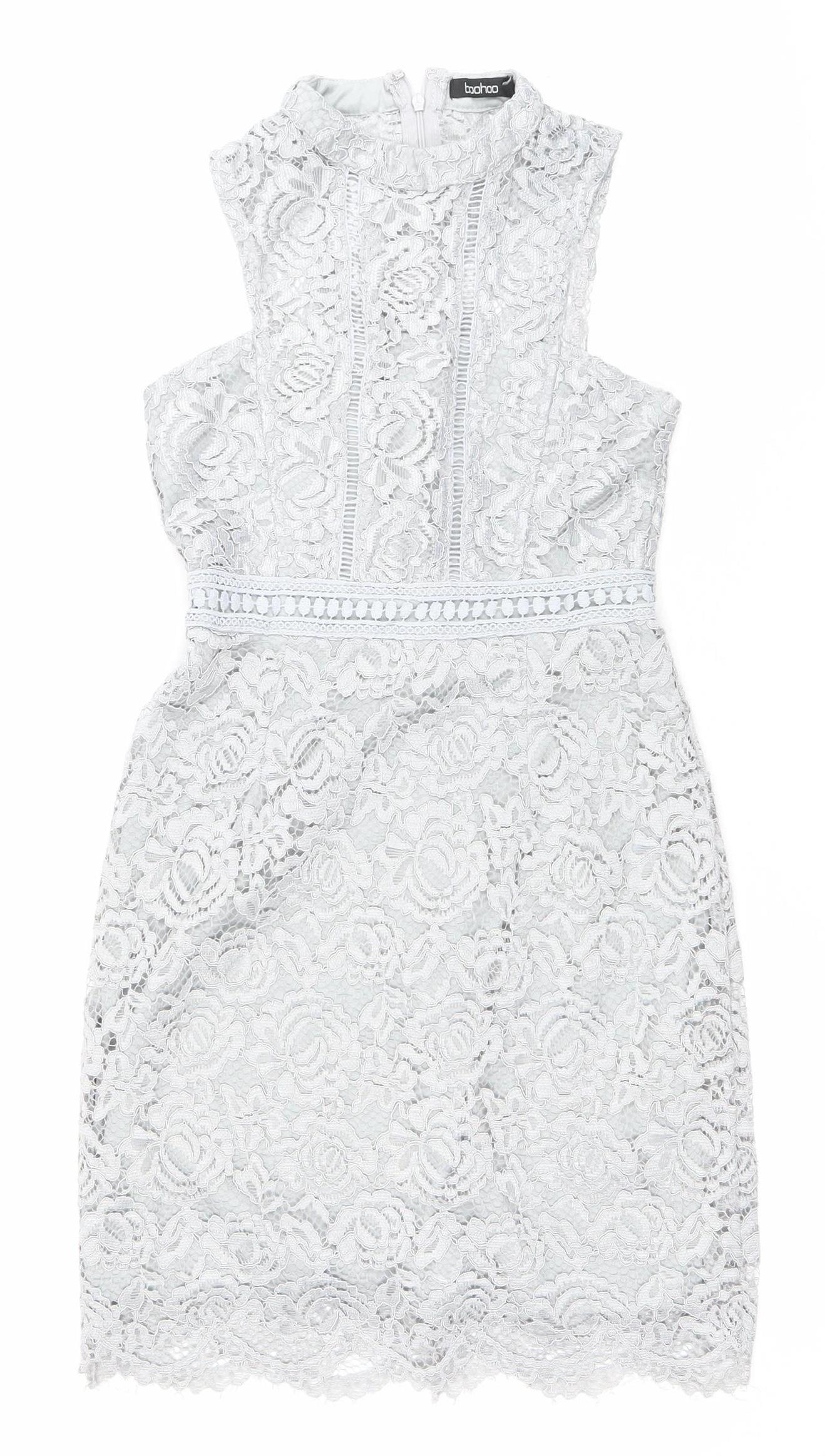 Boohoo Women Grey Lace Skater Dress Size 6 High Neck Sleeveless Party