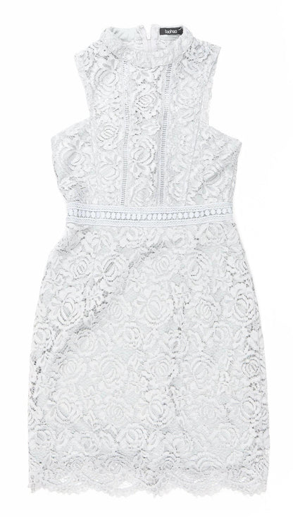 Boohoo Women Grey Lace Skater Dress Size 6 High Neck Sleeveless Party
