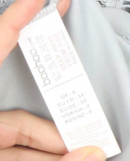 Boohoo Women Grey Lace Skater Dress Size 6 High Neck Sleeveless Party