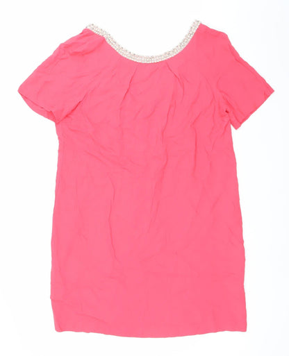 Monsoon Women's Pink Beaded Neck Short Sleeve Shift Dress Size 14