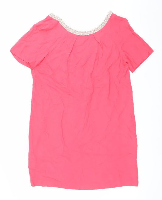 Monsoon Women's Pink Beaded Neck Short Sleeve Shift Dress Size 14