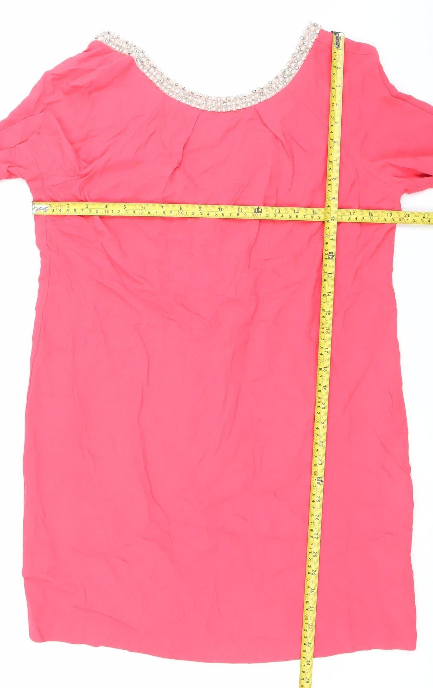 Monsoon Women's Pink Beaded Neck Short Sleeve Shift Dress Size 14