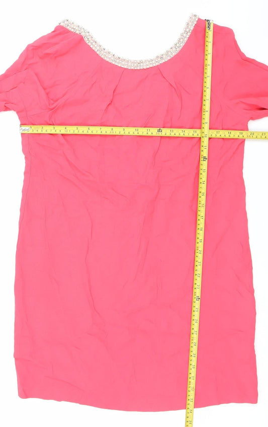 Monsoon Women's Pink Beaded Neck Short Sleeve Shift Dress Size 14