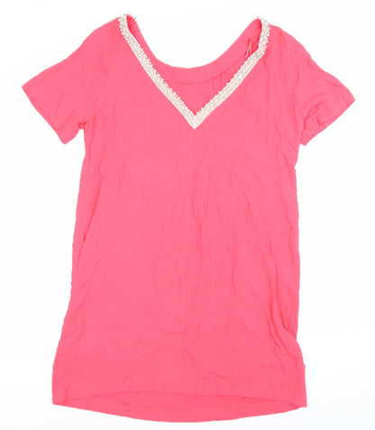Monsoon Women's Pink Beaded Neck Short Sleeve Shift Dress Size 14
