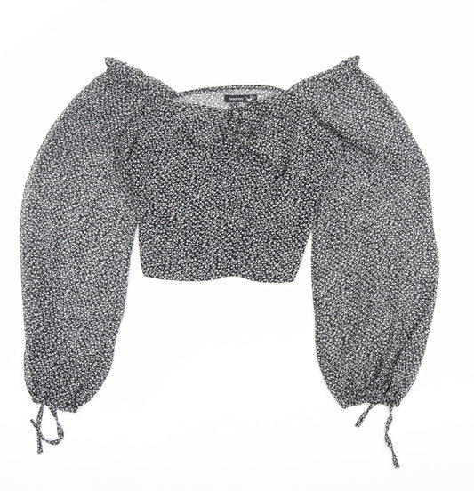 Boohoo Women’s Black Floral Cropped Blouse Size 8 Puff Sleeve