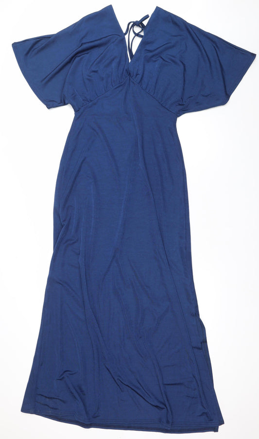 Oasis Women Blue Midi Wrap Dress M V-Neck Short Sleeve