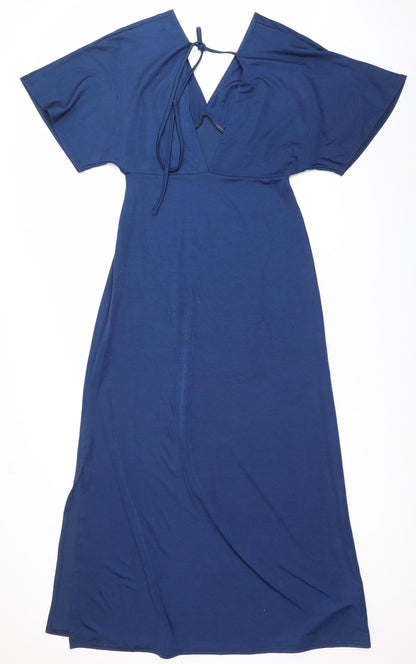 Oasis Women Blue Midi Wrap Dress M V-Neck Short Sleeve