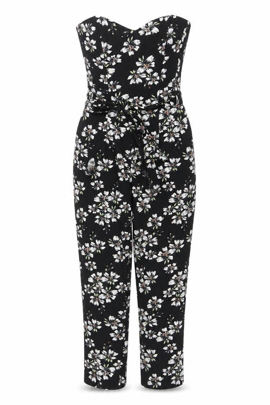 Front view of Miss Selfridge women’s black floral sleeveless jumpsuit, size UK 8