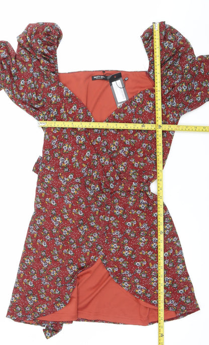 Nasty Gal Womens Red Floral Ruched Mini Bodycon Dress Size 12