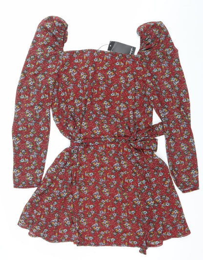 Nasty Gal Womens Red Floral Ruched Mini Bodycon Dress Size 12