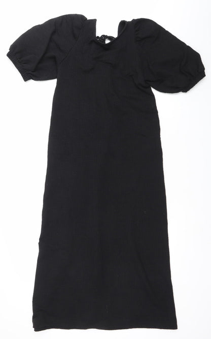H&M Women Black XS Shift Puff Sleeve Tie Neck Knee Length Dress