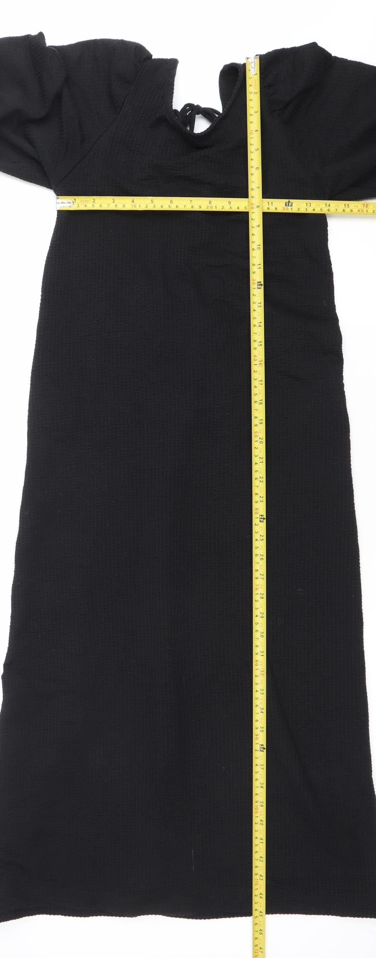 H&M Women Black XS Shift Puff Sleeve Tie Neck Knee Length Dress