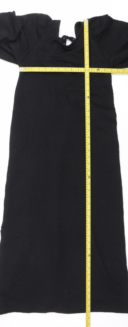 H&M Women Black XS Shift Puff Sleeve Tie Neck Knee Length Dress