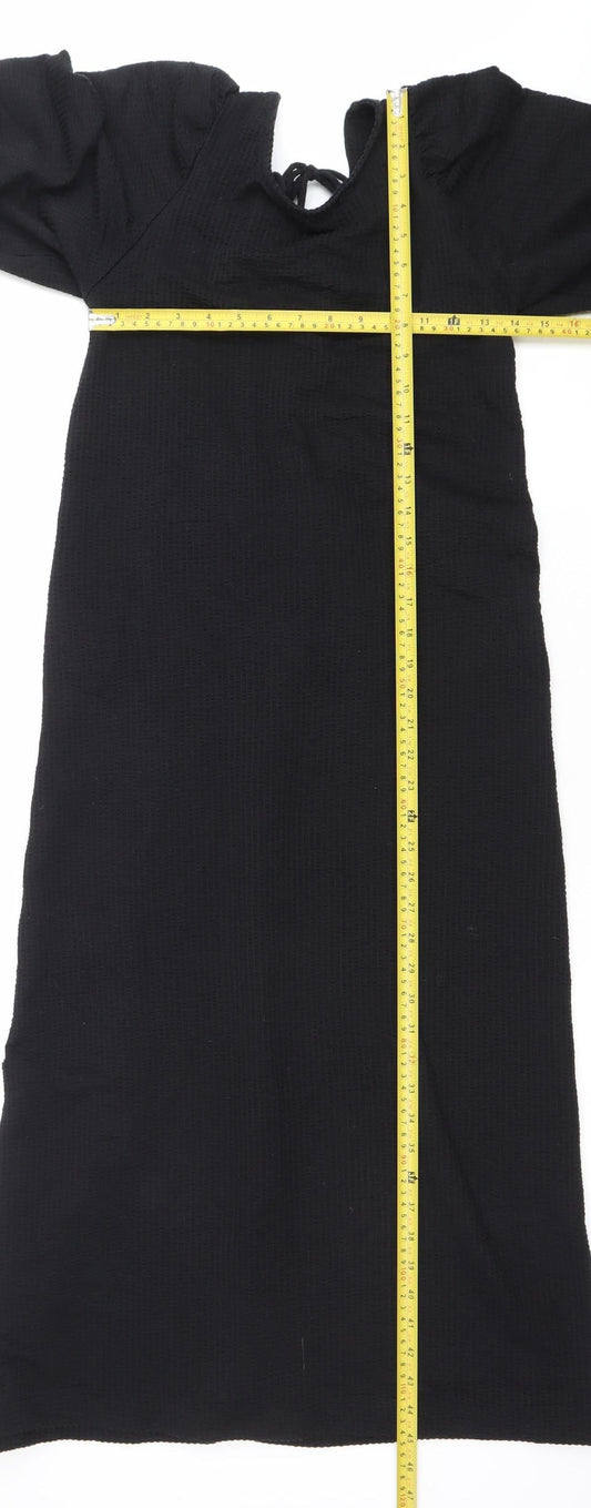 H&M Women Black XS Shift Puff Sleeve Tie Neck Knee Length Dress