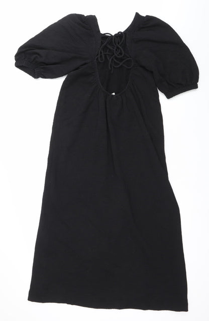 H&M Women Black XS Shift Puff Sleeve Tie Neck Knee Length Dress