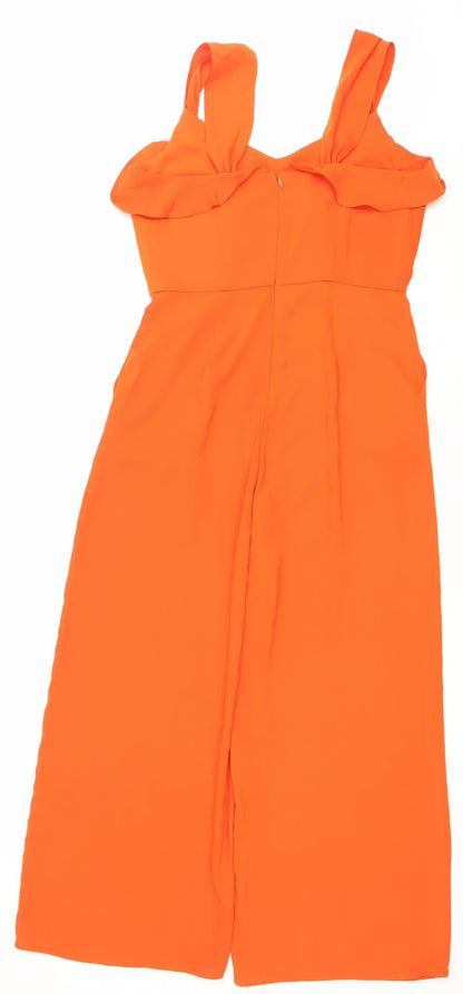 MNG Womens Orange Ruffle One Shoulder Wide-Leg Jumpsuit Size 8