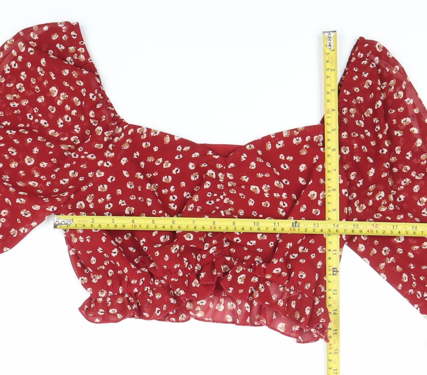Calii Womens Red Floral Cropped Blouse Puff Sleeve Size 12
