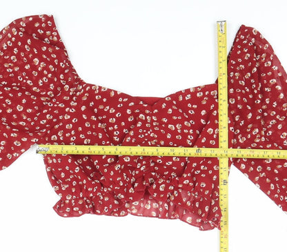 Calii Womens Red Floral Cropped Blouse Puff Sleeve Size 12