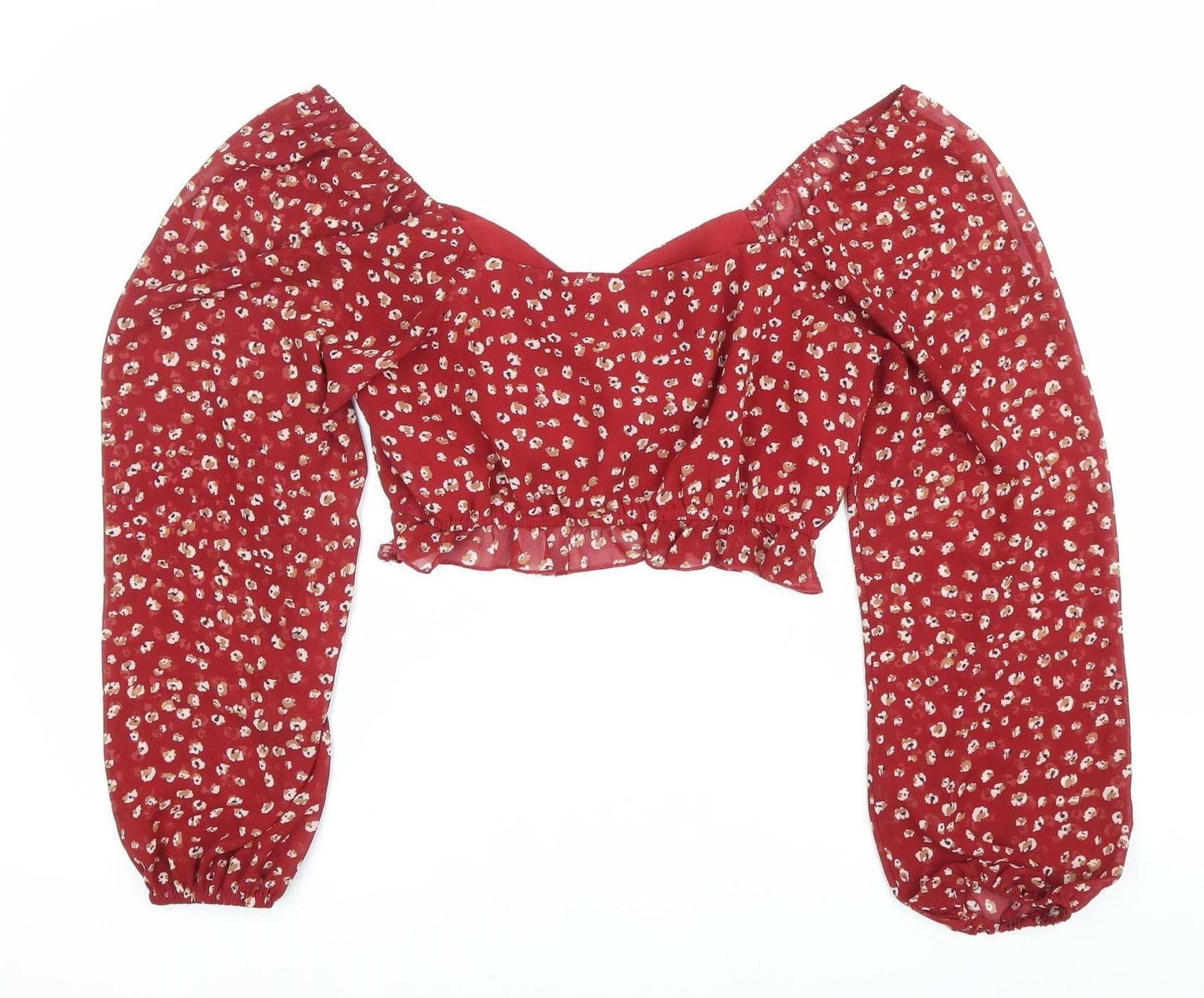 Calii Womens Red Floral Cropped Blouse Puff Sleeve Size 12
