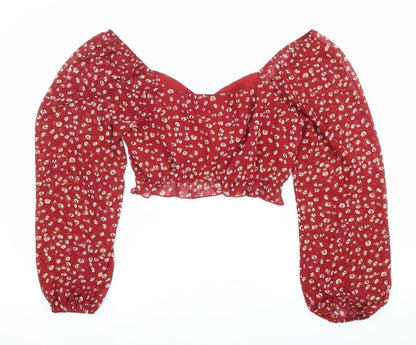 Calii Womens Red Floral Cropped Blouse Puff Sleeve Size 12