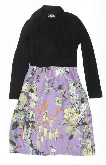 Fancymae Women’s Black Purple Floral A-Line Long Sleeve Silk Blend Dress S