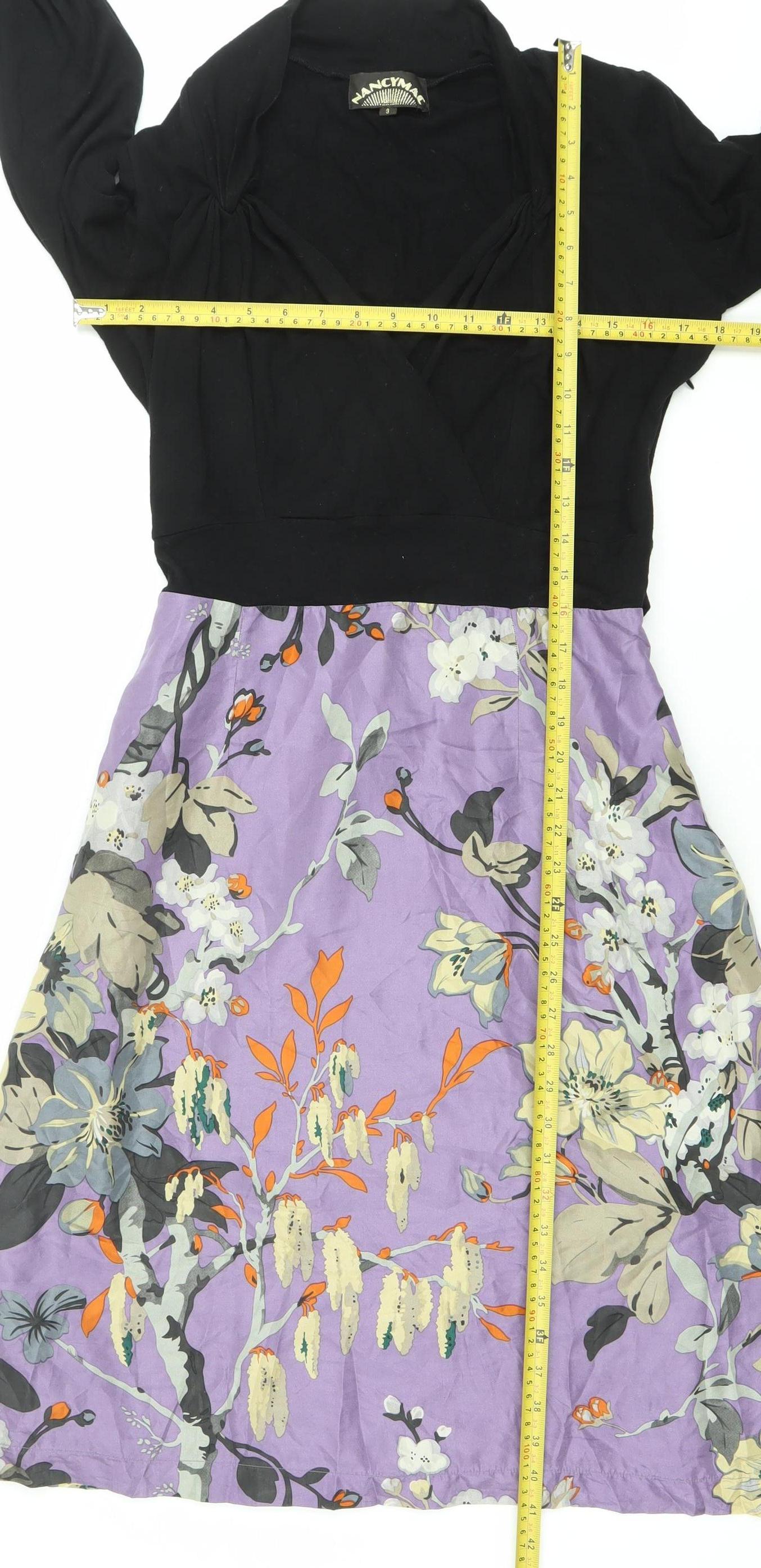 Fancymae Women’s Black Purple Floral A-Line Long Sleeve Silk Blend Dress S