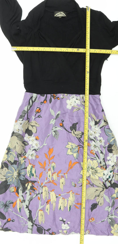 Fancymae Women’s Black Purple Floral A-Line Long Sleeve Silk Blend Dress S