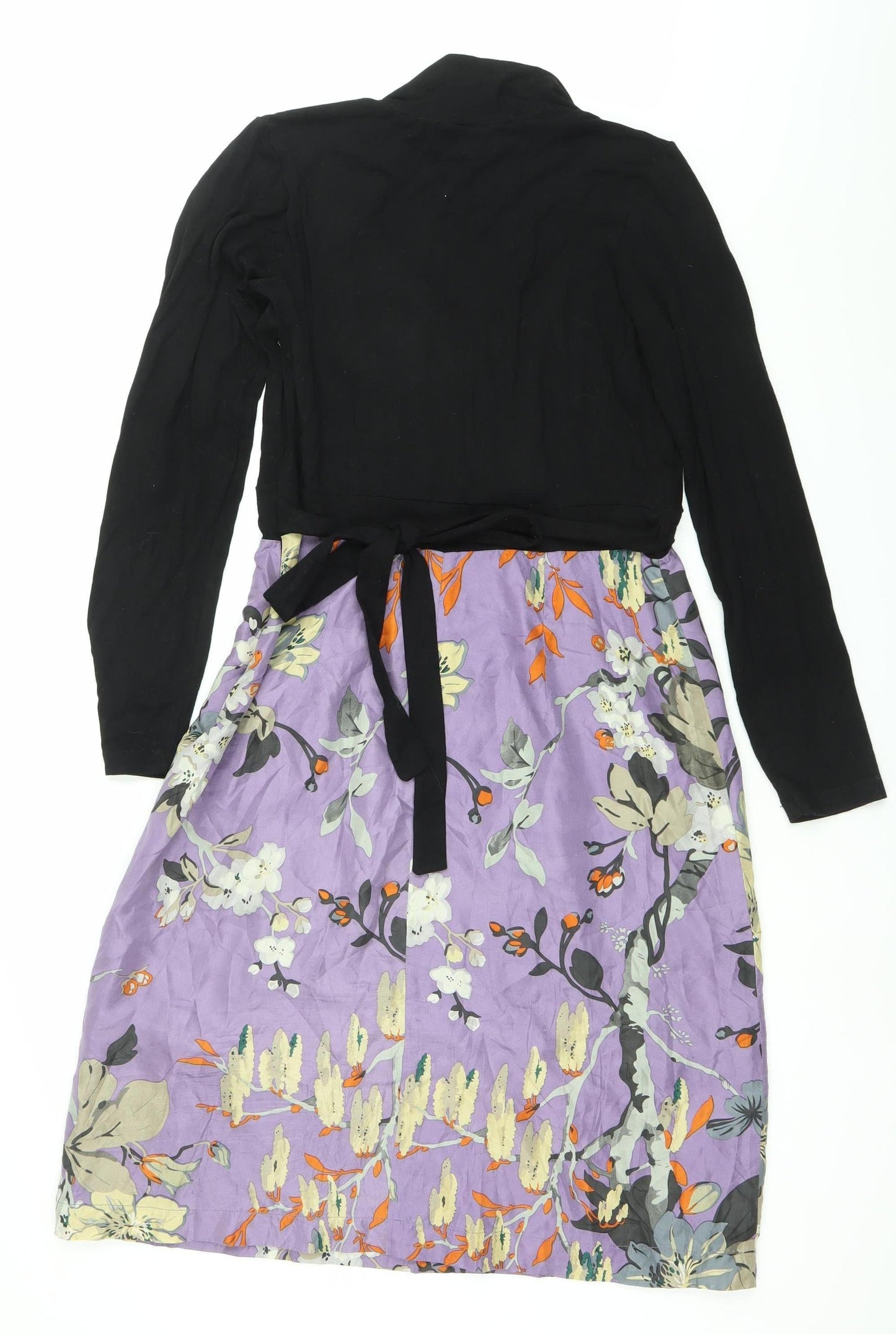 Fancymae Women’s Black Purple Floral A-Line Long Sleeve Silk Blend Dress S