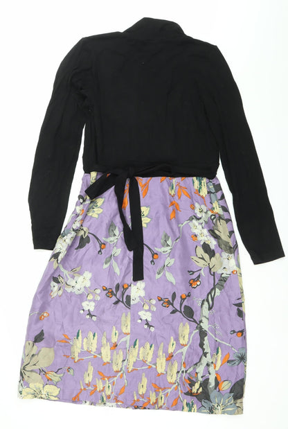 Fancymae Women’s Black Purple Floral A-Line Long Sleeve Silk Blend Dress S