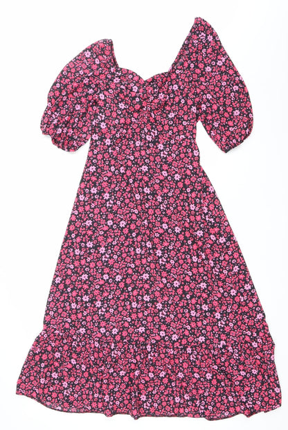 New Look Womens Pink Floral Wrap Midi Dress Size 10 Short Sleeve