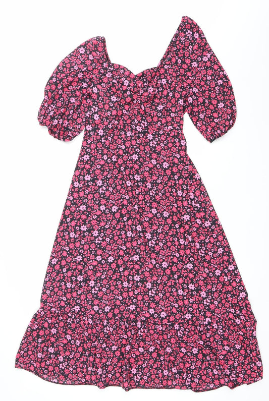 New Look Womens Pink Floral Wrap Midi Dress Size 10 Short Sleeve