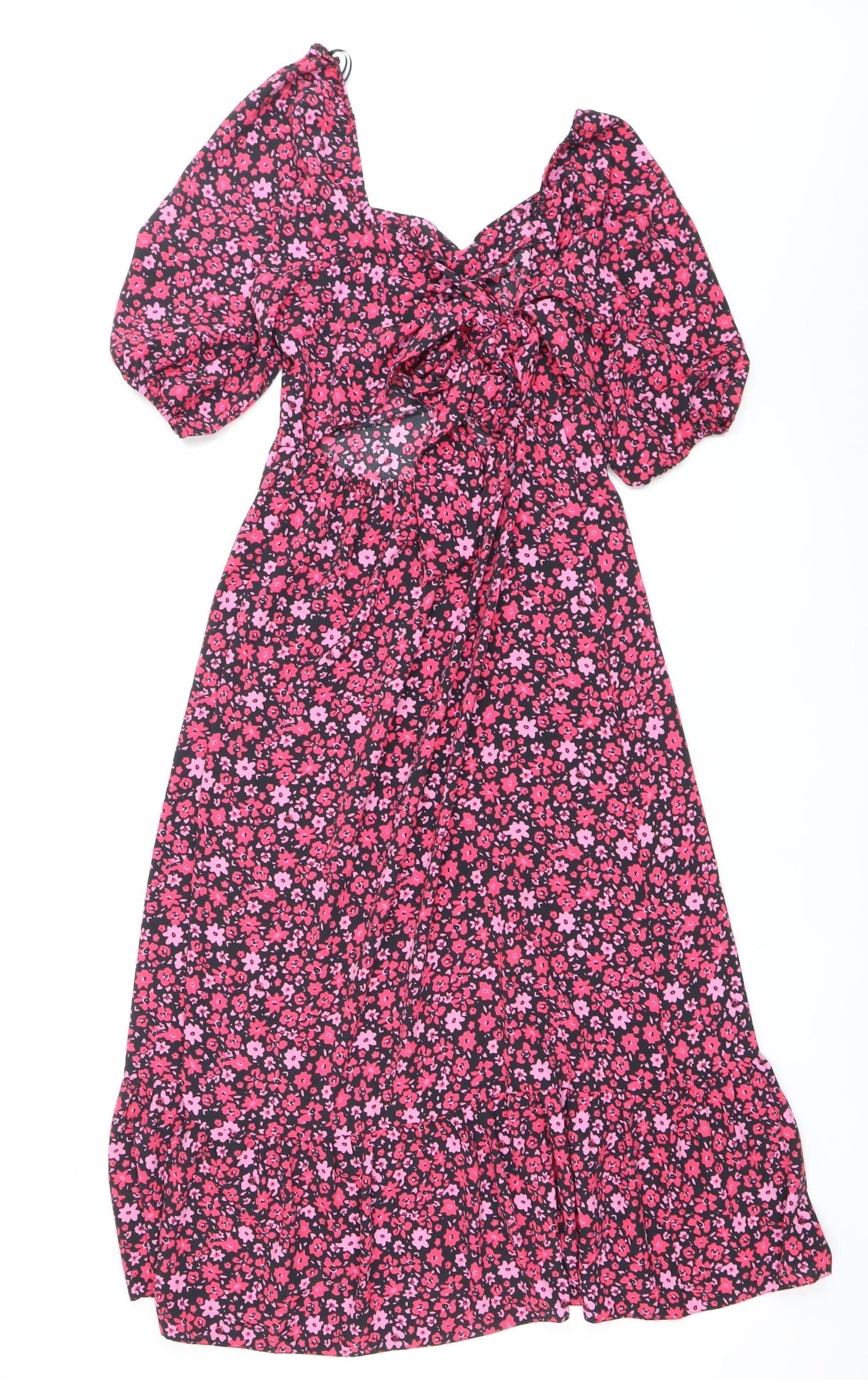 New Look Womens Pink Floral Wrap Midi Dress Size 10 Short Sleeve