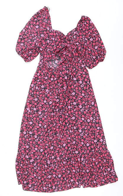 New Look Womens Pink Floral Wrap Midi Dress Size 10 Short Sleeve