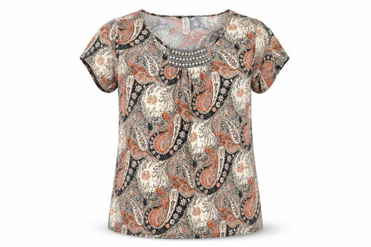 Front view of Roman Women’s Multicoloured Paisley Beaded Scoop Neck T-Shirt, size UK 14