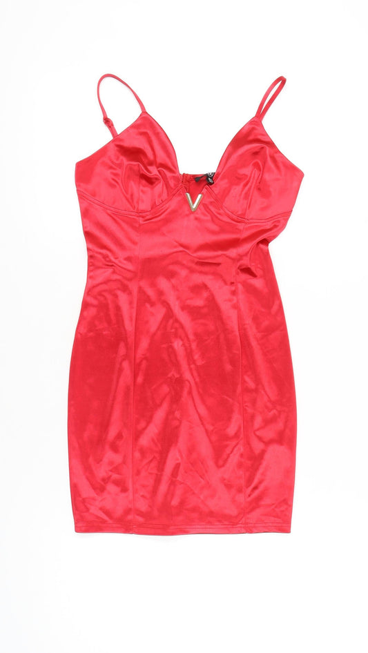 Missguided Women’s Red Bodycon Satin V-Neck Mini Dress Size 6
