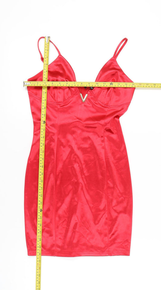 Missguided Women’s Red Bodycon Satin V-Neck Mini Dress Size 6