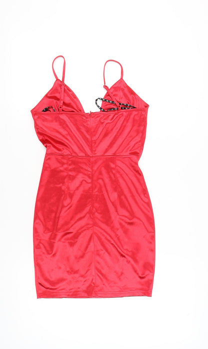 Missguided Women’s Red Bodycon Satin V-Neck Mini Dress Size 6