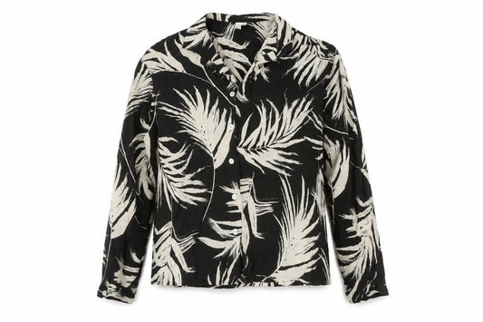 Front view of AND/OR women’s black white tropical print button-up shirt, size UK 10