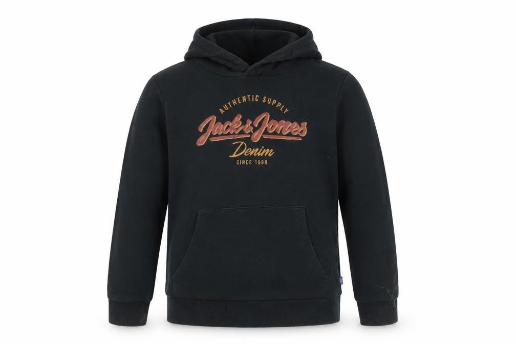 Front view of Jack & Jones boys’ black pullover hoodie, size 152, long sleeve logo print
