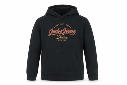 Front view of Jack & Jones boys’ black pullover hoodie, size 152, long sleeve logo print