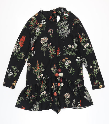 Zara Women’s Black Floral Long Sleeve Ruffle Hem Playsuit Size 8